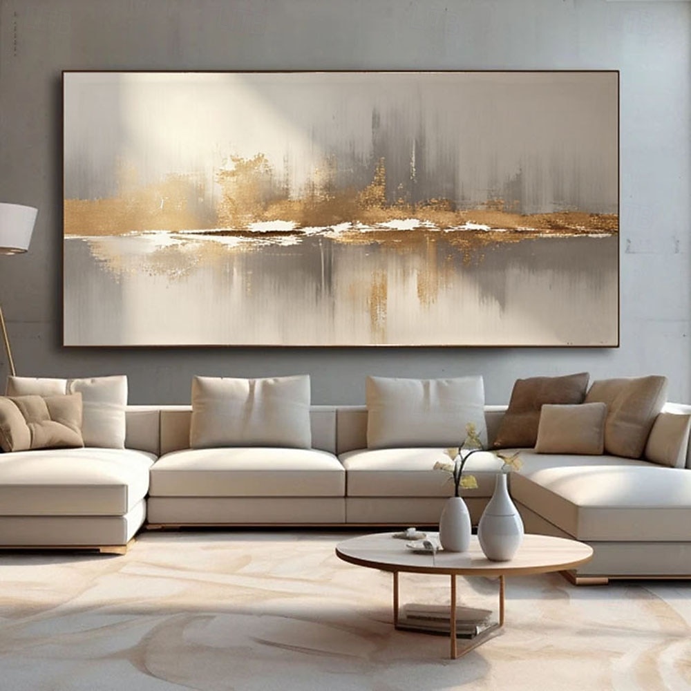 Pintura abstrata dourada de um lago, pintada à mão sobre tela, paisagem metálica moderna com textura, arte de parede para sala de estar em tons neutros de cinza e bege, decoração de luxo. de 2026 por $94.99 –P2