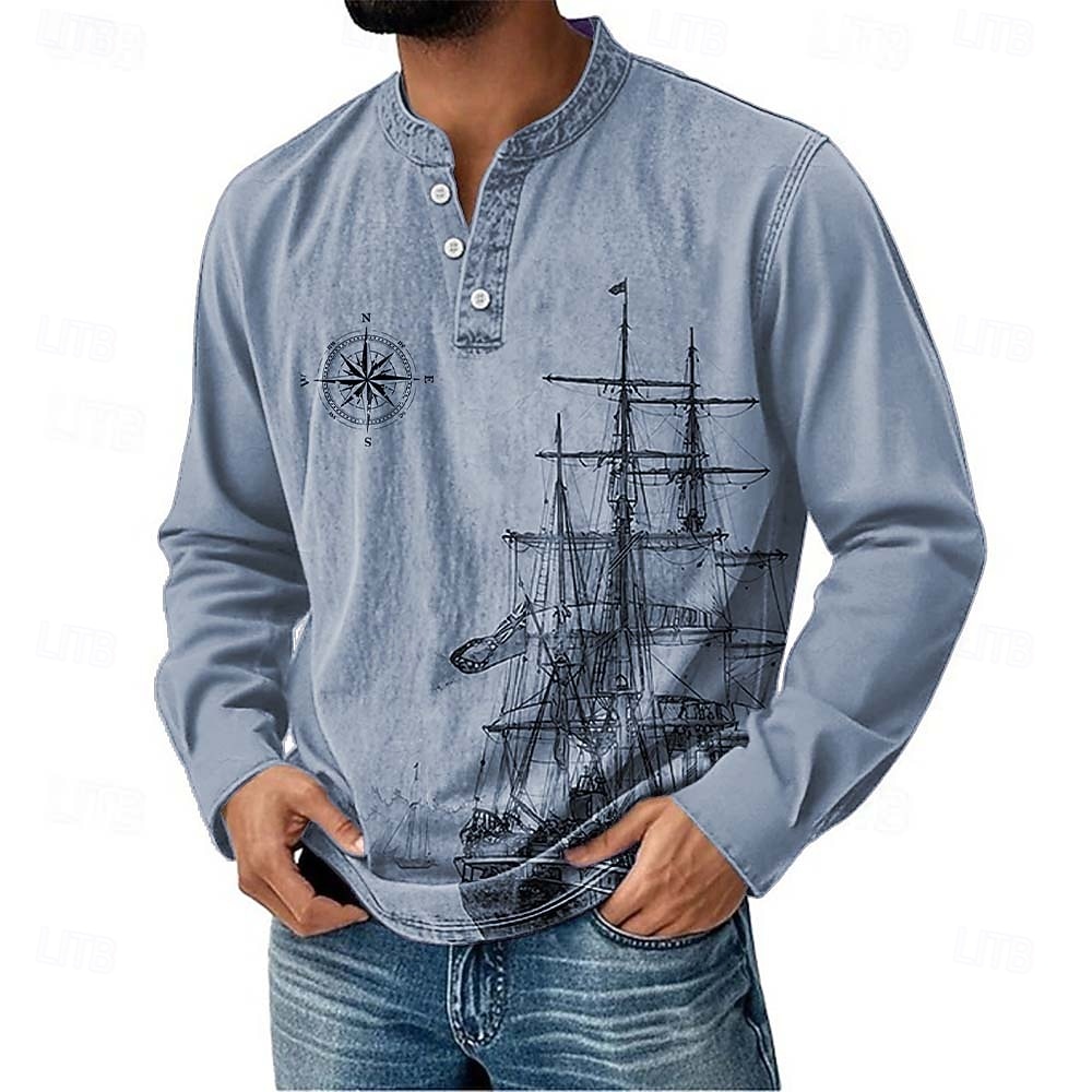 Herren Nautisch Segelboot Henley Hemd T-Shirt Langarm Täglich Retro Vintage Lässig Lässig Ferien Ausgehen Frühling Frühling & Herbst Ganzjahres Grau Hellblau Purpur Khaki Henley Henley T-Shirt 2026 - $20.99 –P1
