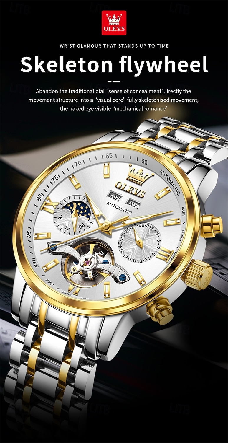 The New Olevs Men'S Business Watch With Luminous Perpetual Calendar Date And Day Display Multi-Functional Mechanical Watch Skeletonized Casual And Fashionable Waterproof Sports Men'S Wristwatch 2026 - $116.99 –P1