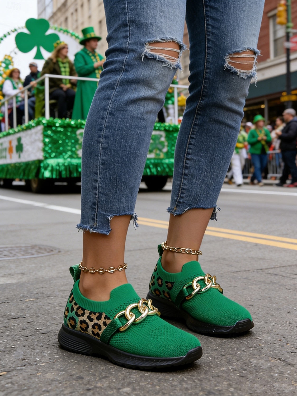 Grønne strikkede damesneakers med leoparddetaljer til St. Patricks dag – moteriktig kjededetalj, komfortabel og trendy, perfekt for parader og uformelle festligheter 2026 - $32.99 –P3