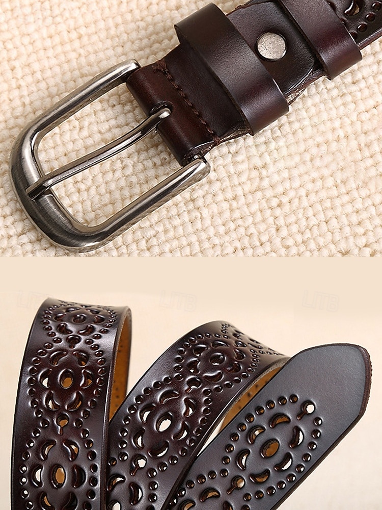 Naisten aitoa nahkaa oleva vyö, vintage-rei'itetty kukkakuvio metallisoljella, rento klassinen tyyli, monivärinen vyö farkkuihin, mekkoihin, jokapäiväiseen käyttöön ja ulkoiluun. 2026 - ZAR R281 –P6