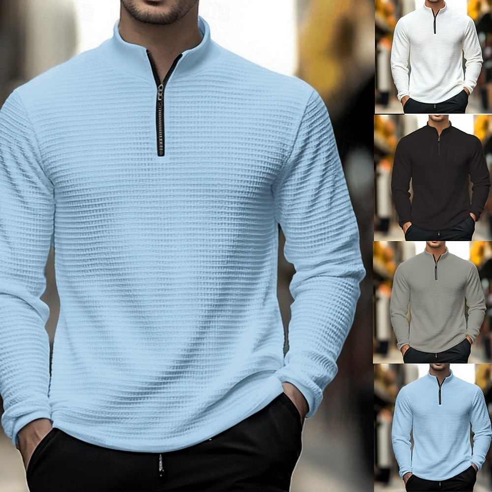 Voor heren Wafel Poloshirts Met Textuur Casual Sport & Outdoor Zonder Kraag Lange mouw Modieus Comfortabel Effen Rits omhoog Lente & Herfst Wit Wafel Poloshirts 2026 - $26.99 –P1