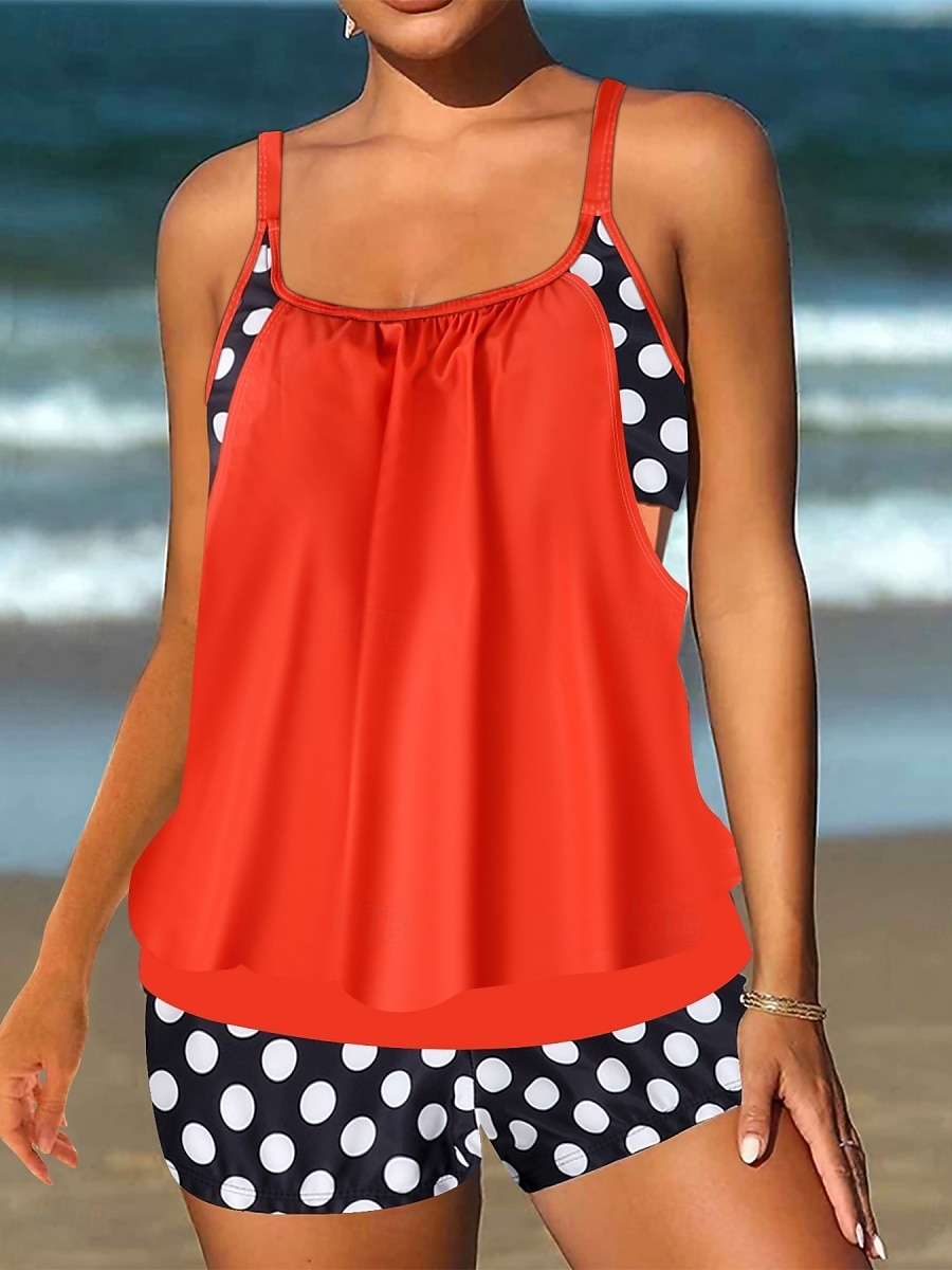 בגד ים טנקיני 2 חלקים לנשים עם חצאיות מחטב בטן מותן גבוהה שקוף בגד ים חופים עם פסים נקודתיים וצווארון U ללא שרוולים 2026 - $33.99 –P4
