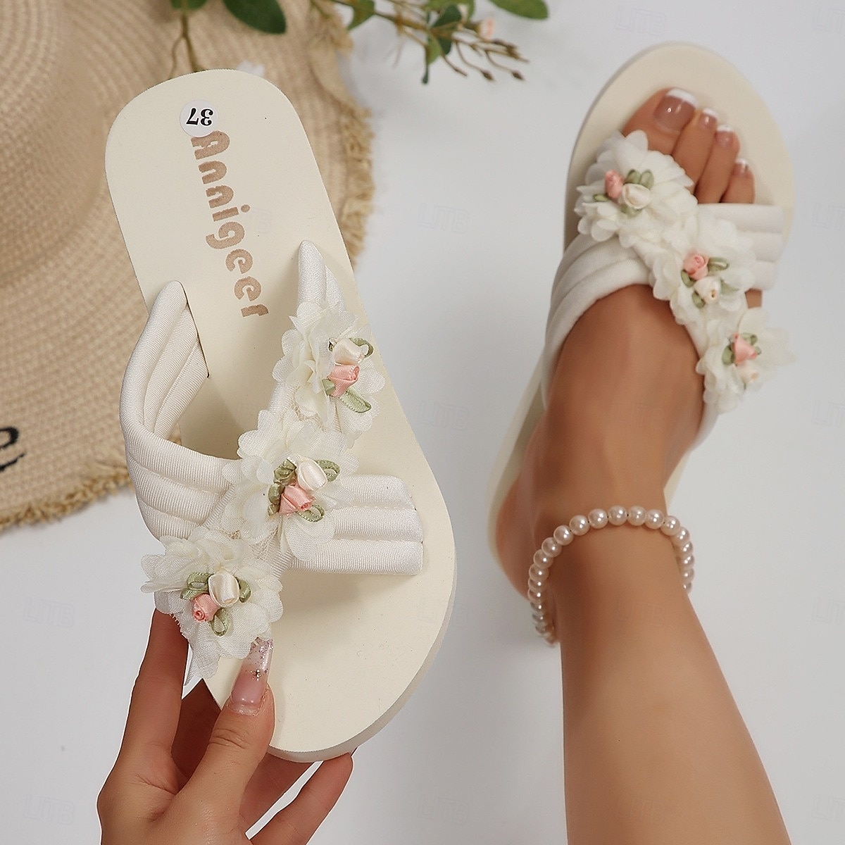 Per donna Passeggiata Spiaggia Festa in giardino Applicazioni Tacco basso Punta bicolore Elegante Bohemien Vacanza Microfibra Slip-on Avorio del 2026 a $19.99 –P3