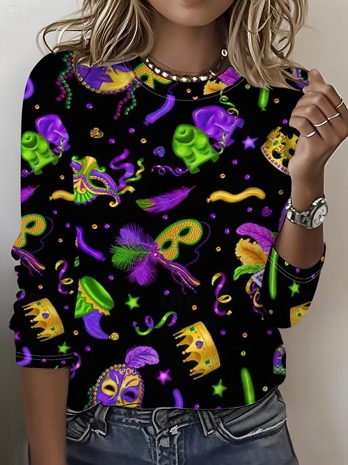 Karnavalové dámské tričko s potiskem grafika geometrické vintage stylové moderní dlouhý rukáv klasický výstřih běžné topy denní víkendový potisk purpurová léto jaro 2026 - $24.99 –P7