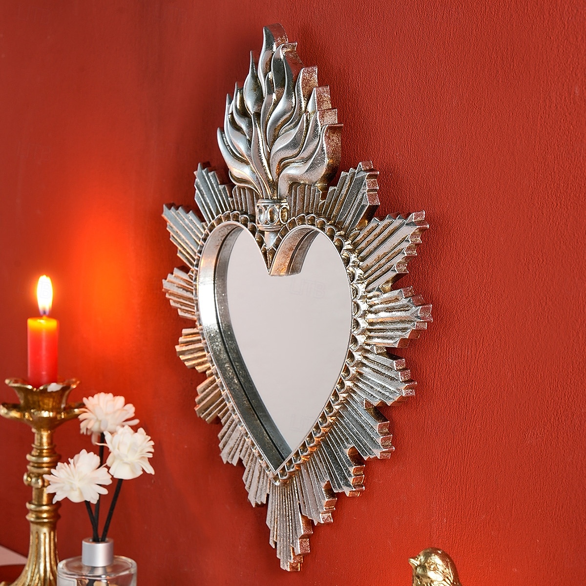 Wanddekor-Spiegel mit flammendem Herzmotiv, handgefertigter Hängeschmuck in Form eines flammenden Herzens, Wandkunst im europäischen Stil für Wohnzimmer, Schlafzimmer, Arbeitszimmer, religiöse 2026 - $33.99 –P8