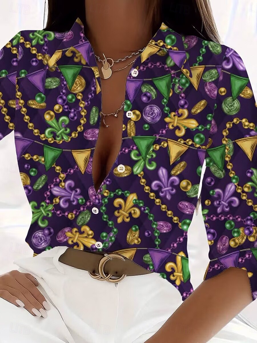 Karneval Damen Hemd Bluse Grafisch Geometrisch Vintage Lässig Langarm V-Ausschnitt Hemdkragen Reguläre Oberteile Tägliche Patchwork Knöpfe Druck Schwarz Lila Sommer Frühling Herbst Winter 2026 - $32.99 –P1