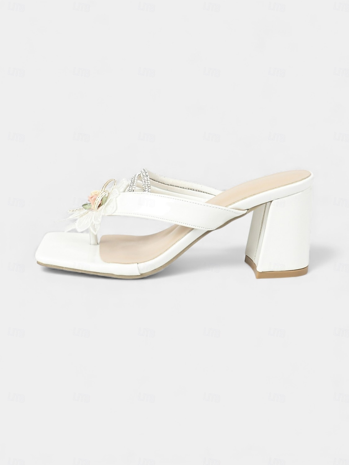 Damesandaler med elfenbensfarget blokkhæl og blomsterutsmykning, slingback-sko med åpen tå til bruden, elegant utendørs hage &plen seremoni 2026 - $34.99 –P3