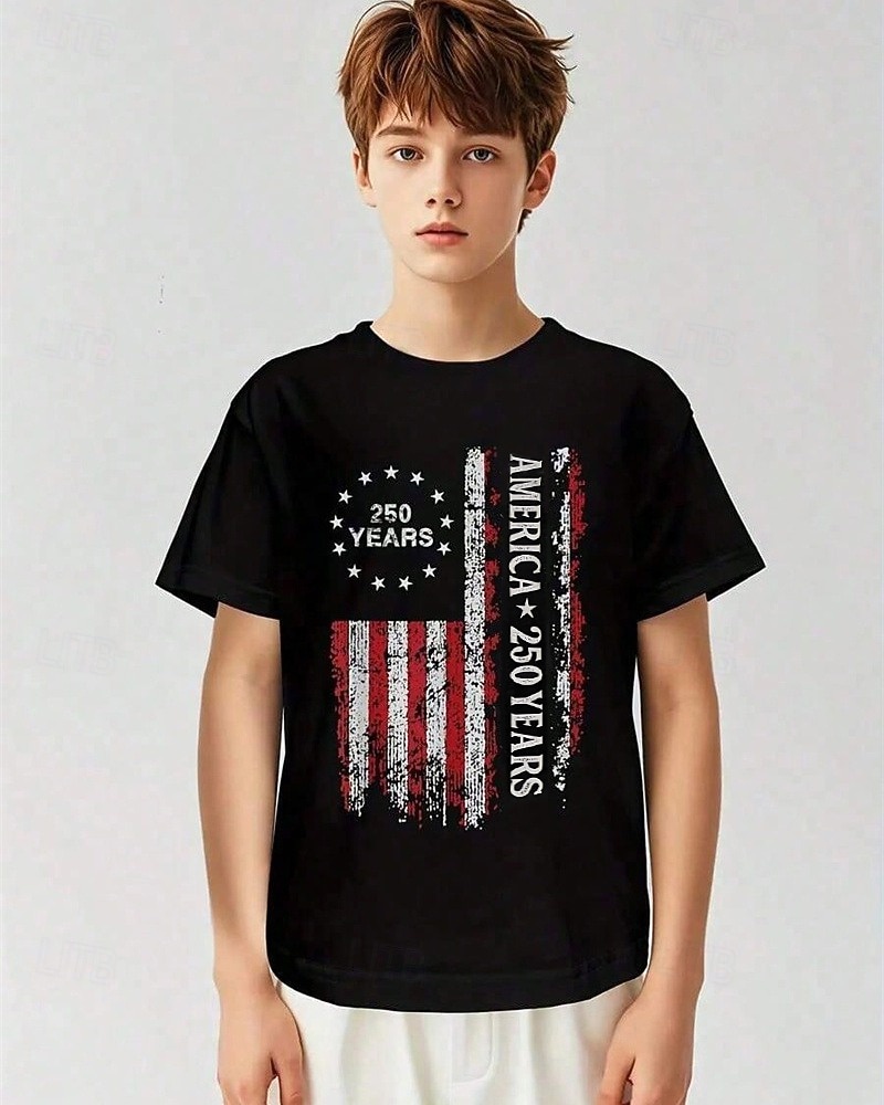 100% Baumwolle Kinder Jungen Schwarz Weiß Grafik USA Flagge 250-jähriges Jubiläum T-Shirt Bluse Rundhalsausschnitt Kurzarm Outdoor Alltagskleidung Mode Streetwear Designer Drucken Sommer 2026 - $20.99 –P1