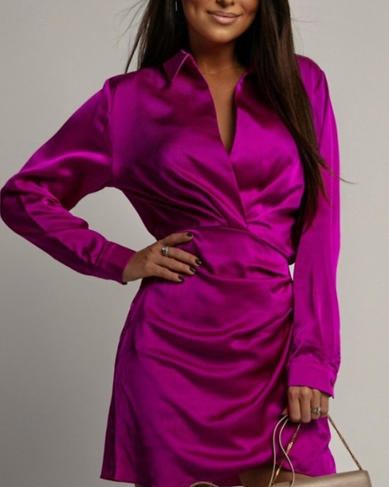 Femmes Mini Robe Robe en Satin Robe Chemise Robe froncée Moderne Quotidien Sortir Week-end Coupe régulière Uni manche longue Col de chemise Noir Vert foncé Marron Rose rouge Printemps Automne de 2026 ? $31.99 –P11