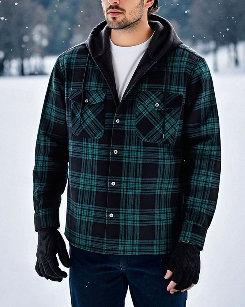Herren Wintermantel Hemdjacke Fleecejacke Freizeitjacke Lässig Täglich Thermowarm Tasche Herbst Winter Karomuster Streetwear Täglich Mit Kapuze Regulär Blau Schwarz Weiß Rote Dunkelgrün Jacken 2026 - $31.99 –P7