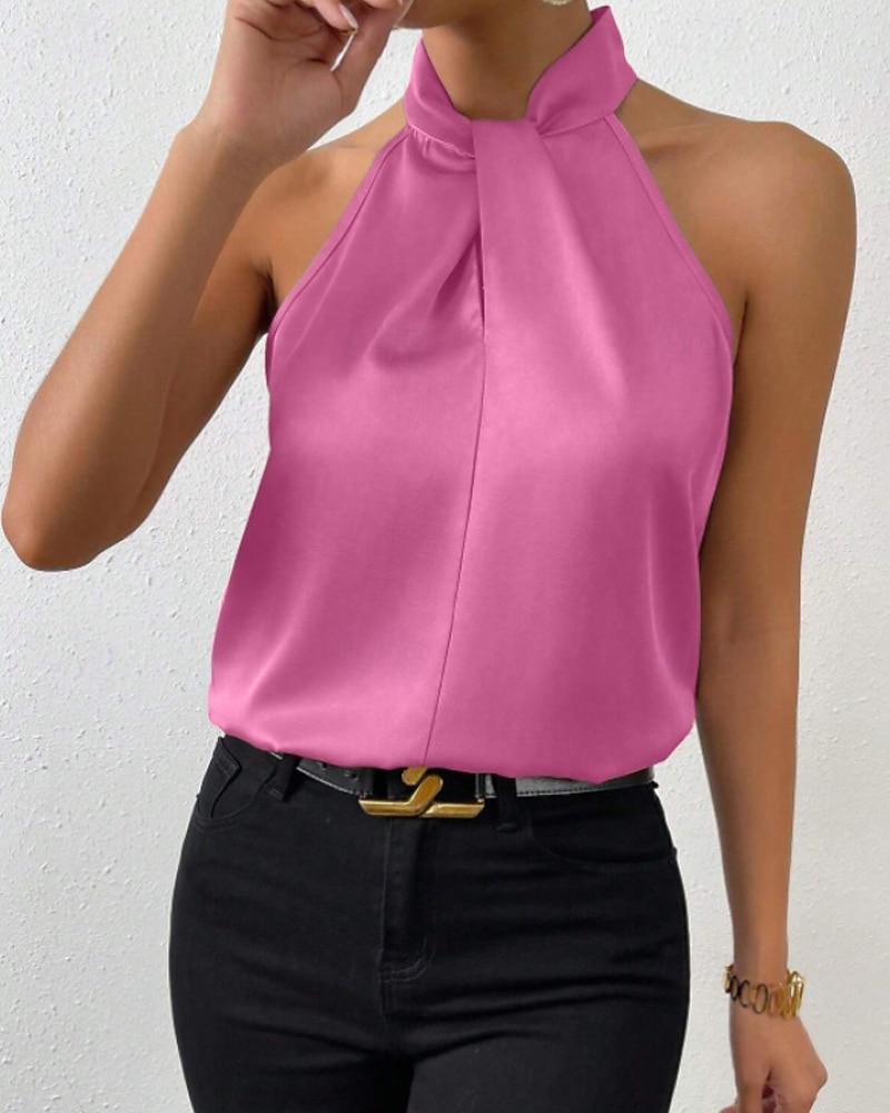Damen Hemd Elegant Satin-Top Seidenhemd Rückenfrei Einfach Elegant Stilvoll Ärmellos Neckholder Normale Oberteile Ferien Ausgehen Schwarz Weiß Kamel Purpur Braun Sommer Frühling 2026 - $25.99 –P4