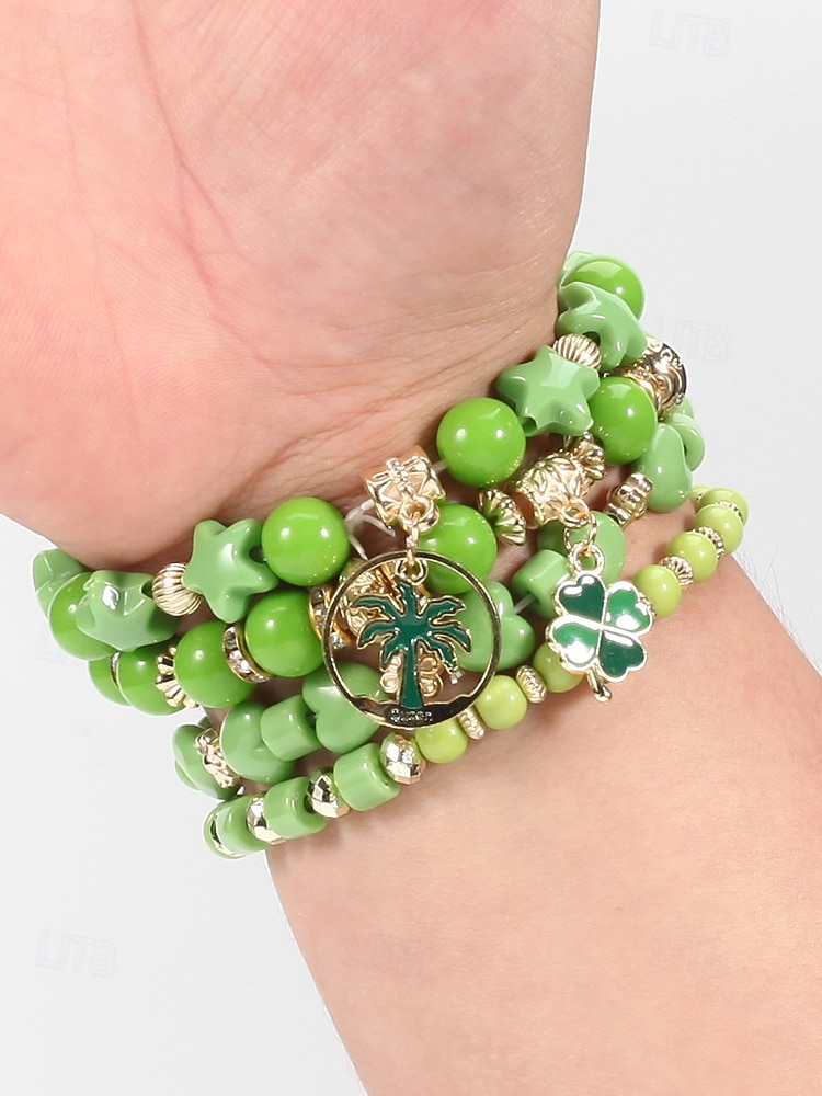 Conjunto de pulseiras femininas para o Dia de São Patrício, pulseiras empilháveis de várias voltas com contas verdes, estilo trevo da sorte, materiais de liga metálica e cristais sintéticos, joias festivas irlandesas para mulheres. de 2026 por $9.99 –P4
