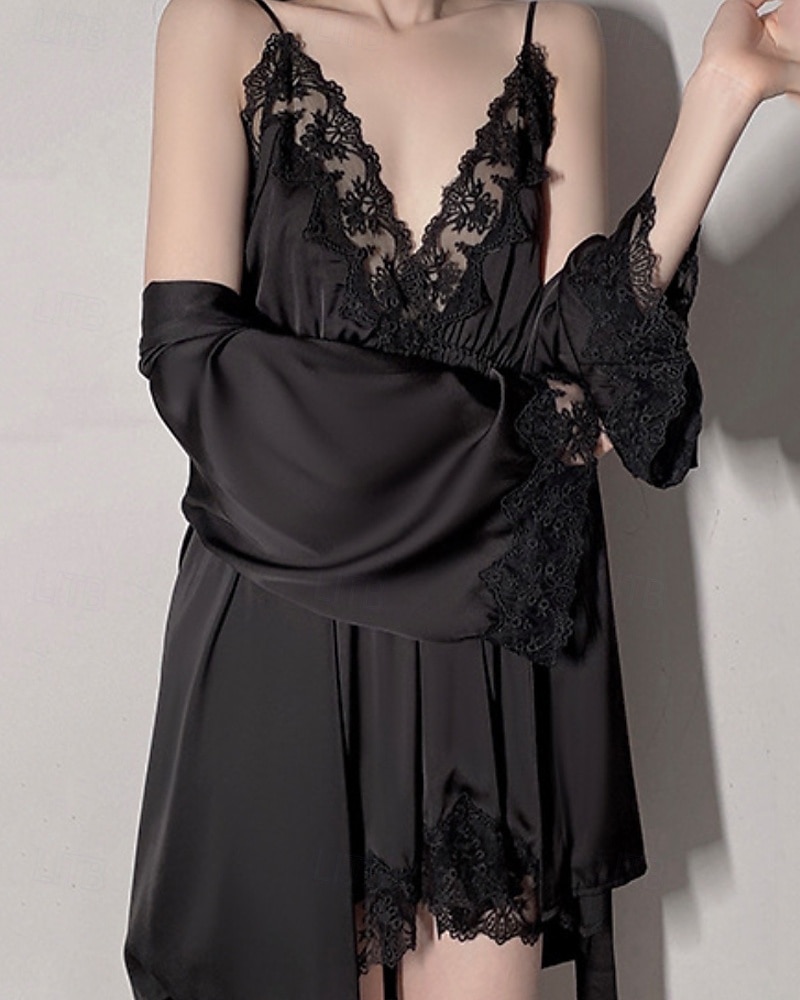 Femmes Robe Chemise de Nuit Ensemble Pyjama Occasionnel Doux Satin Couleur Unie Dentelle Robes Quotidien Maison Lit manche longue Bretelles Noir Blanche Rose Claire Vin Marron Été Coupe régulière de 2026 ? $24.99 –P3