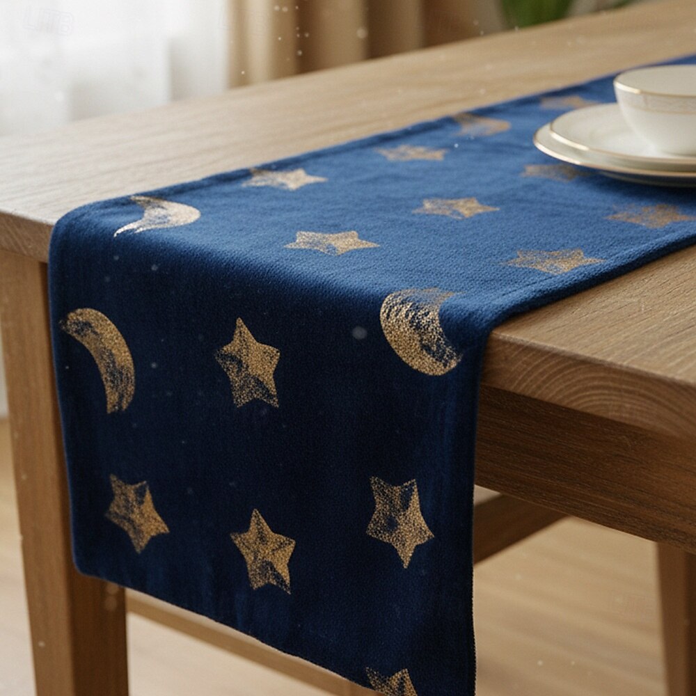 Ramadan Eid Nordic Green & Gold Star & Moon Sequin Embroidered Table Runner, Scandinavian Style, Holiday and Daily Dining Room Decor, Perfect for Parties and Sideboard Decoration 2026 - $17.49 –P1