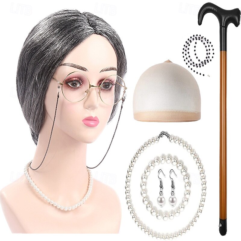 Peluca de anciana con rulos, collar de perlas, pendientes y bastón para mujeres y niñas, disfraz de abuela para cosplay de 100 días de escuela, accesorio para fiesta de Halloween 2026 - $27.99 –P8