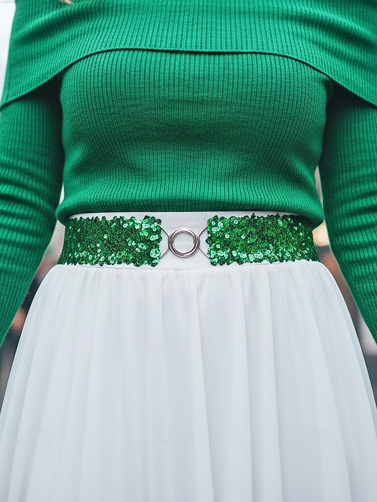 Cinto feminino de lantejoulas, em poliéster elástico, disponível em várias cores, perfeito para o Dia de São Patrício, carnaval e uso diário. de 2026 por $11.99 –P3