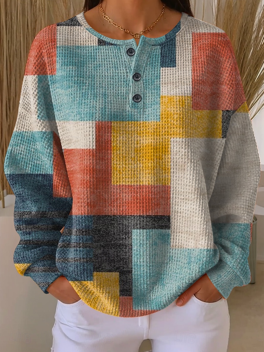 Per donna Felpa Pullover Bottoni Grafico Geometrico Moda Casual Stampa Manica Lunga Girocollo Top Regolari Casuale Casa Lavoro Giallo Rosso Arancione Verde Primavera Autunno del 2026 a $28.99 –P1