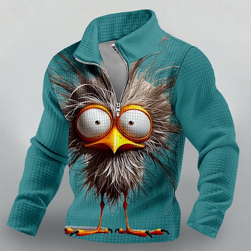 Sweat-shirt homme à col zippé, imprimé oiseau 3D aux grands yeux, maille gaufrée, manches longues, style décontracté, tailles S, M, L, XL, XXL, XXXL de 2026 ? $32.99 –P2