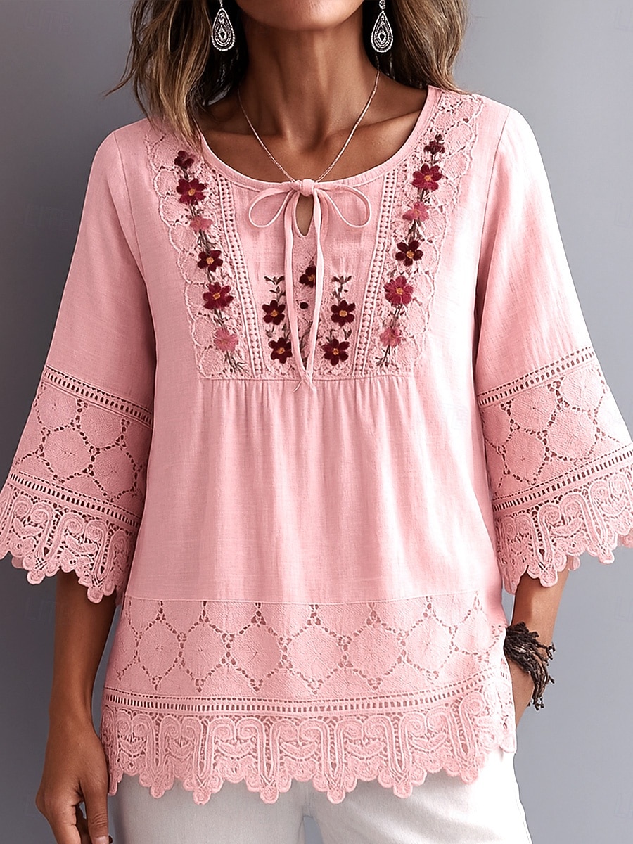 Γυναικεία Πουκάμισο Popover Casual πουκάμισο Μπλούζα Σουρωτά Δαντέλα Κουρελού Σκέτο Κομψό Μοντέρνα Κομψό στυλ street 3/4 Μήκος Μανικιού Στρογγυλή Ψηλή Λαιμόκοψη Λαιμόδεση Κανονικά μπλουζάκια 2026 - $9.49 –P1