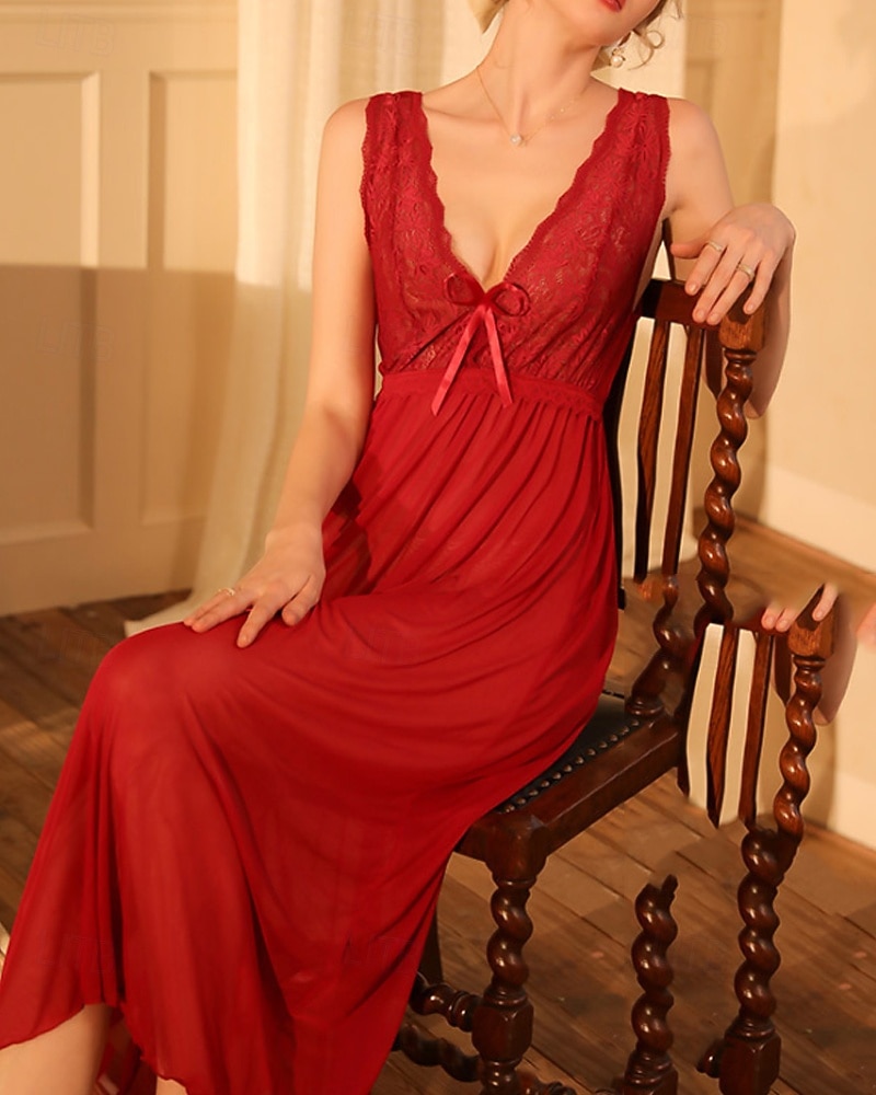 Dames Nachtjapon Casual Zacht Satijn Heldere kleur Lapwerk Netstof Dagelijks Huis Bed Mouwloos V-hals Zwart Wit Wijn Zomer Ruim Passend 2026 - $18.49 –P13