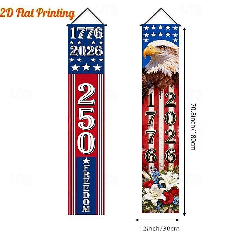 US 250th Anniversary Patriotic Couplet Banner America 250 Years of Freedom Celebration Flag Door Decoration Red White and Blue Party Decor Semiquincentennial Celebration 4th of July Independence Day 2026 - $10.49 –P3