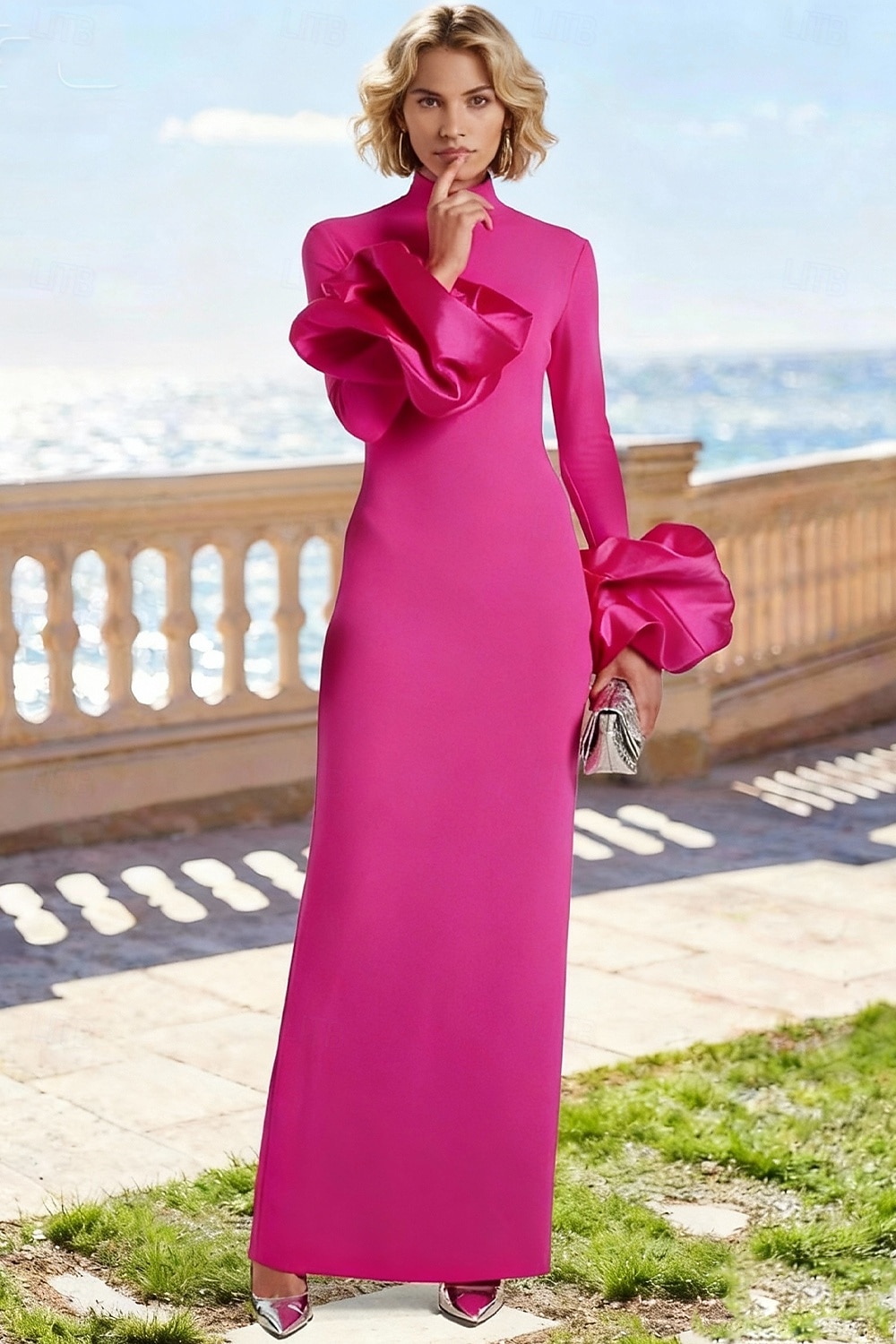 Abito da invitata di matrimonio a colonna di lunghezza fino al pavimento Abiti formali Abito da sera Abito per la madre della sposa a maniche lunghe scollatura alta elegante vintage formale con fiore del 2026 a $137.99 –P1