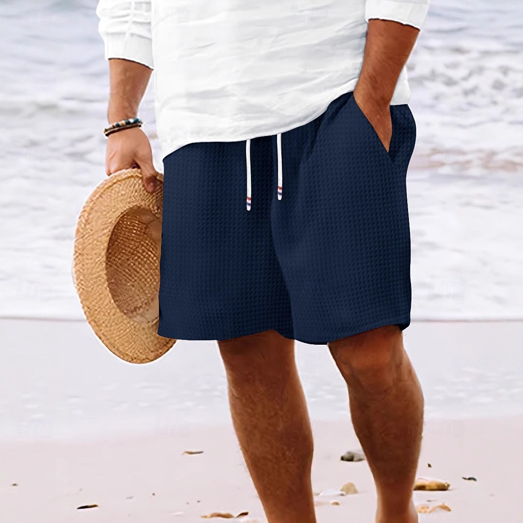 Men's Waffle Shorts Summer Shorts Beach Shorts Casual Shorts Drawstring Elastic Waist Solid Color Comfort Knee Length Daily Outdoor Streetwear Vacation Fashion Blue Black Micro-elastic 2026 - $18.99 –P4
