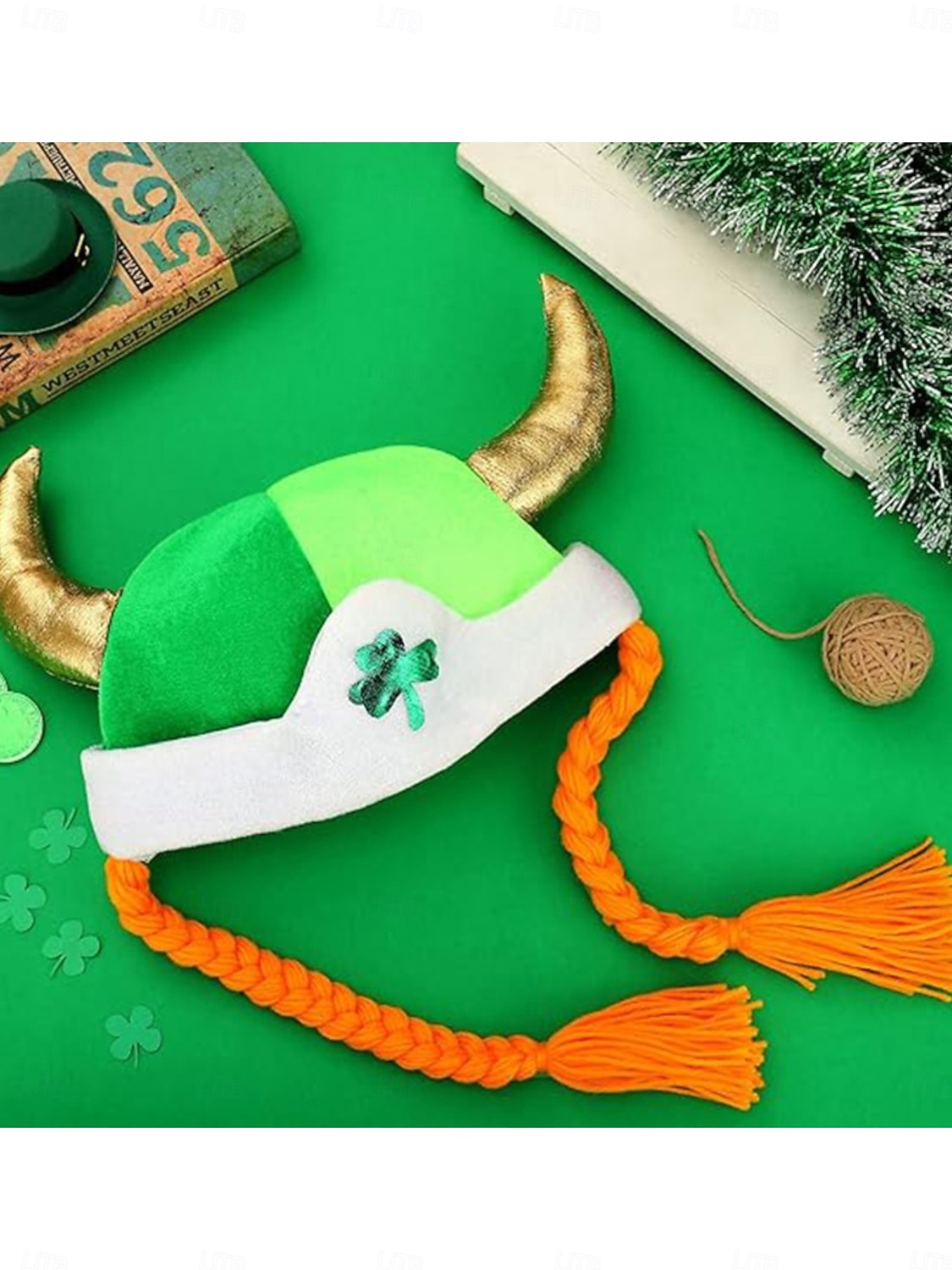 Vikingahatt för kvinnor med gyllene horn och flätat orange hår, grön shamrockhatt för irländska parader och festivaler &festkläder 2026 - $19.99 –P2