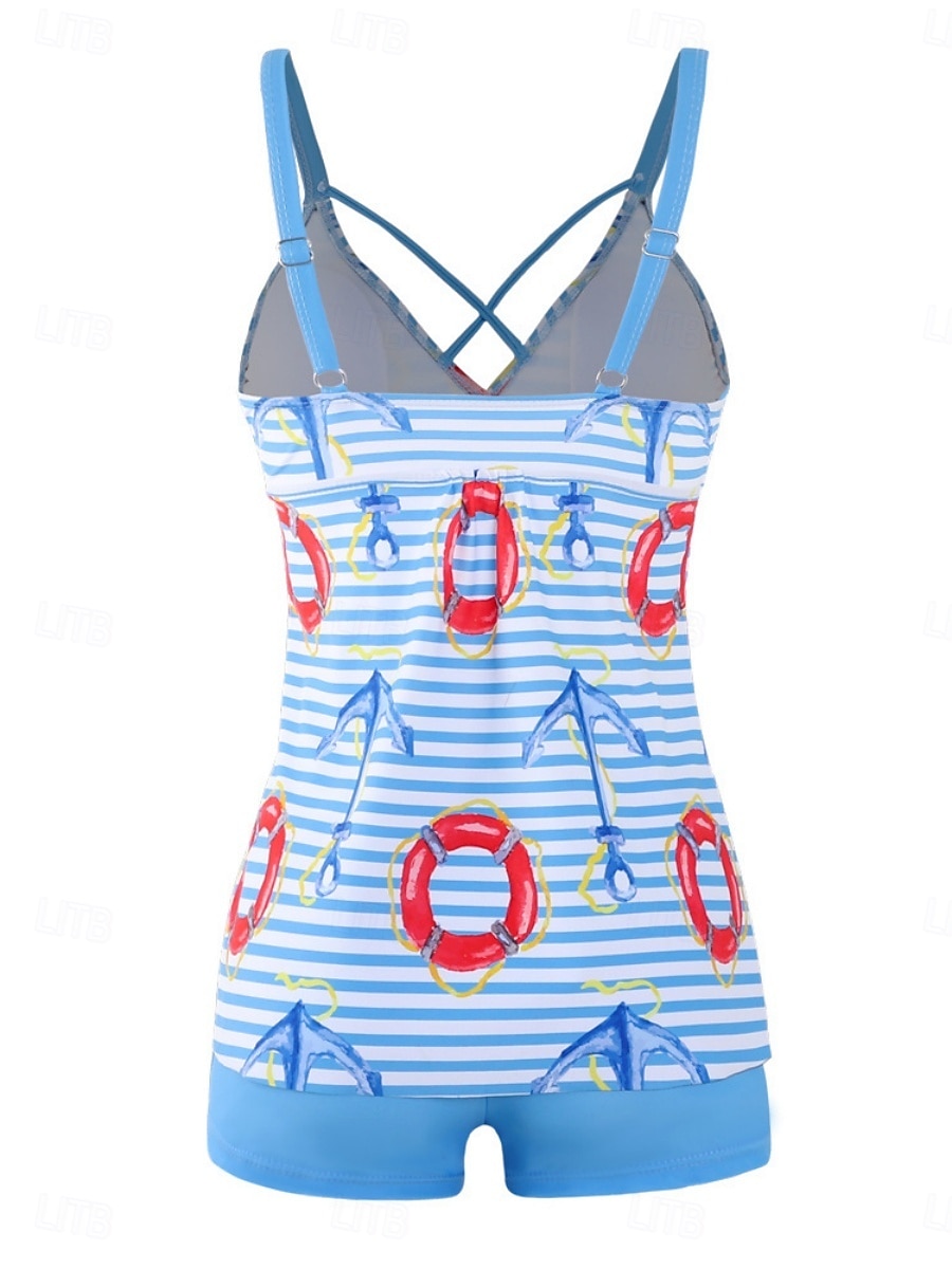 Тtankini для женщин 2 предмета купальник шорты контроль живота высокая талия,Slim без спины отпуск пляжная одежда полоска геометрический V-образный вырез безрукавный купальник 2026 - $19.99 –P6