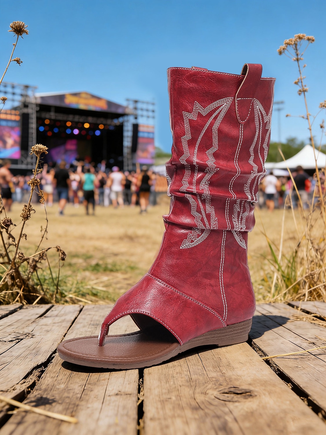 Rote Boho-Western-Stiefeletten für Damen mit offener Zehenpartie und Stickereien – perfekt für Musikfestivals und legere Outdoor-Veranstaltungen 2026 - $54.99 –P6