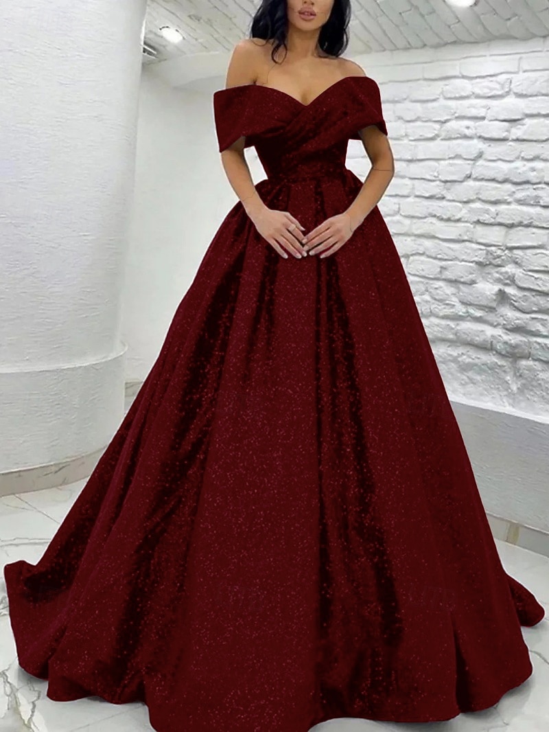 A-Line Sweep Brush Train Prom Dresses Evening Gown Ball Gown Formal Dress  Elegant Glittering Short Sleeve Off Shoulder Black Tie Gala Sequined with  Glitter Pleats 2026 - $149.99