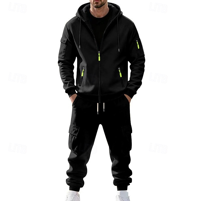 Men's Hoodie Tracksuit Hoodie & Pants Set Hoodie Daily Outdoor Vacation Daily Wear Drawstring Zip Up Plain Black Navy Blue Khaki Activewear Sports Fashion Fall 2026 - $54.99 –P6