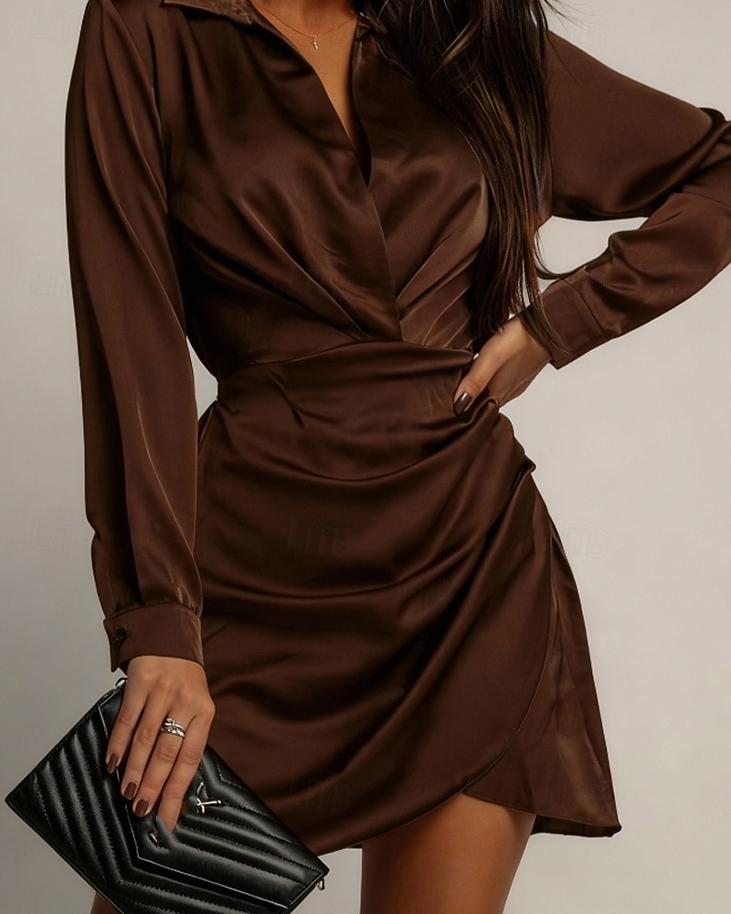 Femmes Mini Robe Robe en Satin Robe Chemise Robe froncée Moderne Quotidien Sortir Week-end Coupe régulière Uni manche longue Col de chemise Noir Vert foncé Marron Rose rouge Printemps Automne de 2026 ? $31.99 –P16
