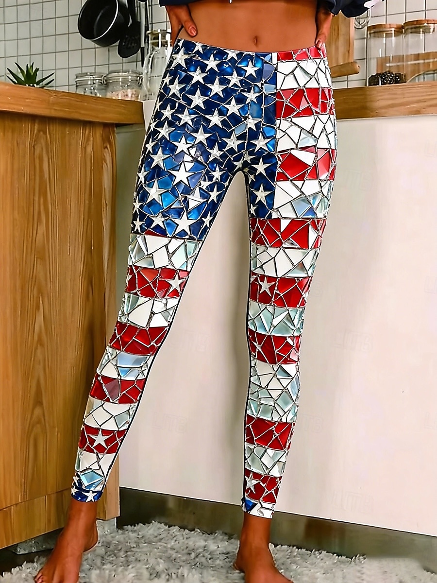 Leggings voor dames met Amerikaanse Onafhankelijkheidsdag-print, comfortabele leggings, basic casual, lange broek met hoge taille, print van de Amerikaanse vlag, comfortabel, rekbaar, casual, geschikt voor dagelijks gebruik, vakantie, blauw, lente, herfst 2026 - $22.99 –P1