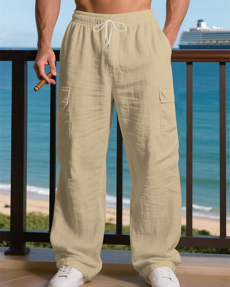 Miesten Pellavahousut Housut Kesähousut Roikkuvat housut Rantahousut Kurenauha Joustava vyötärö Yhtenäinen väri Mukavuus Hengittävä Päivittäin ulko- Hiekkaranta Loma Muoti Musta Valkoinen 2026 - $26.99 –P16