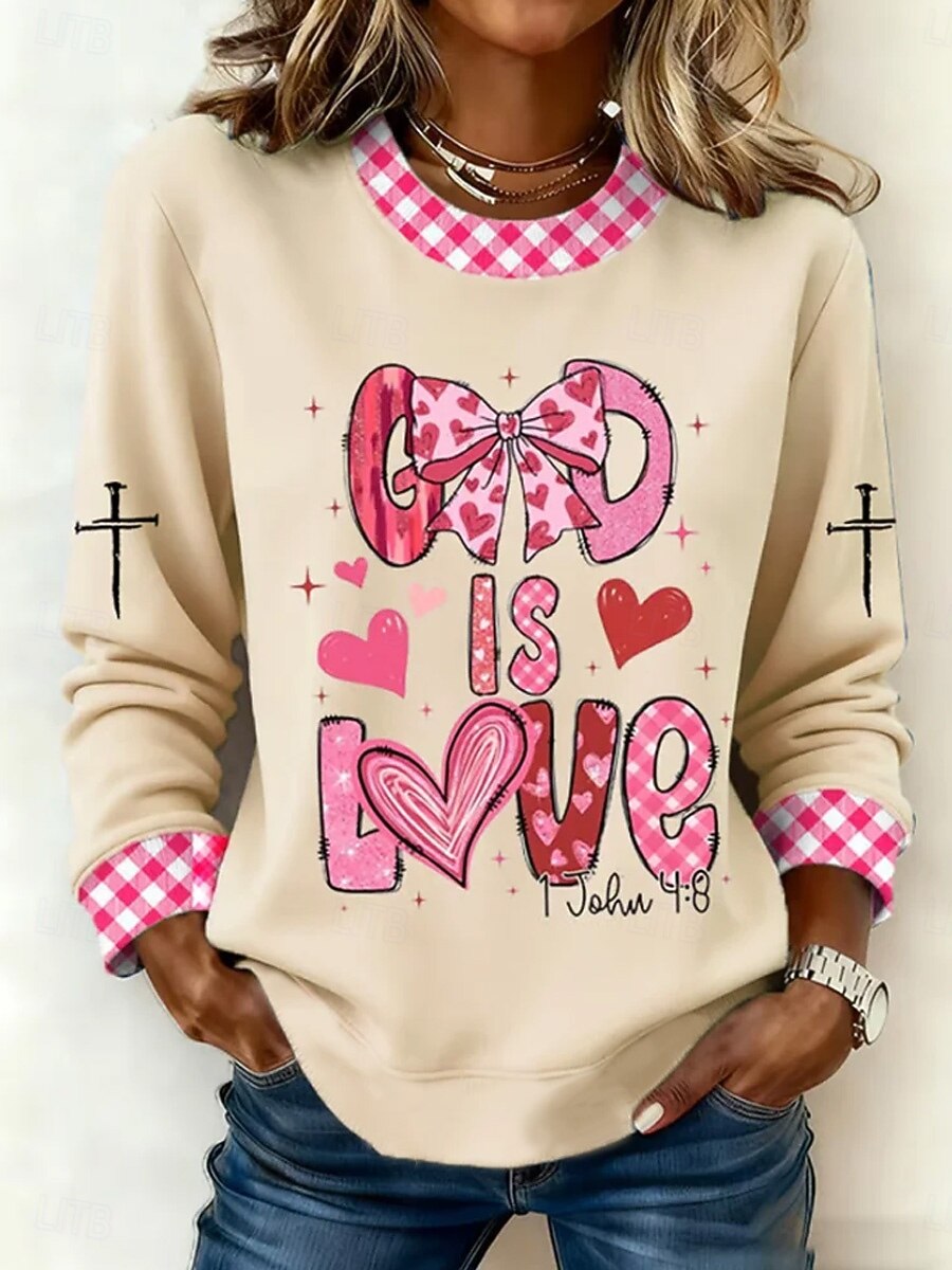Mulheres Moletons Imprimir Coração Gráfico Moda Casual Manga Longa Gola Redonda Tops regulares Rua Dia a Dia Branco Rosa Bege Primavera Outono Faith de 2026 por $29.99 –P3