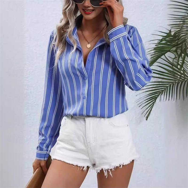 Per donna Top estivi Blusa Top Eleganti Arricciato Patchwork Bottoni Grafico Semplice A righe Elegante Vintage Signore Manica Lunga Colletto a Camicia Top Regolari Quotidiano Lavoro Ferie Blu Nero del 2026 a $28.99 –P4