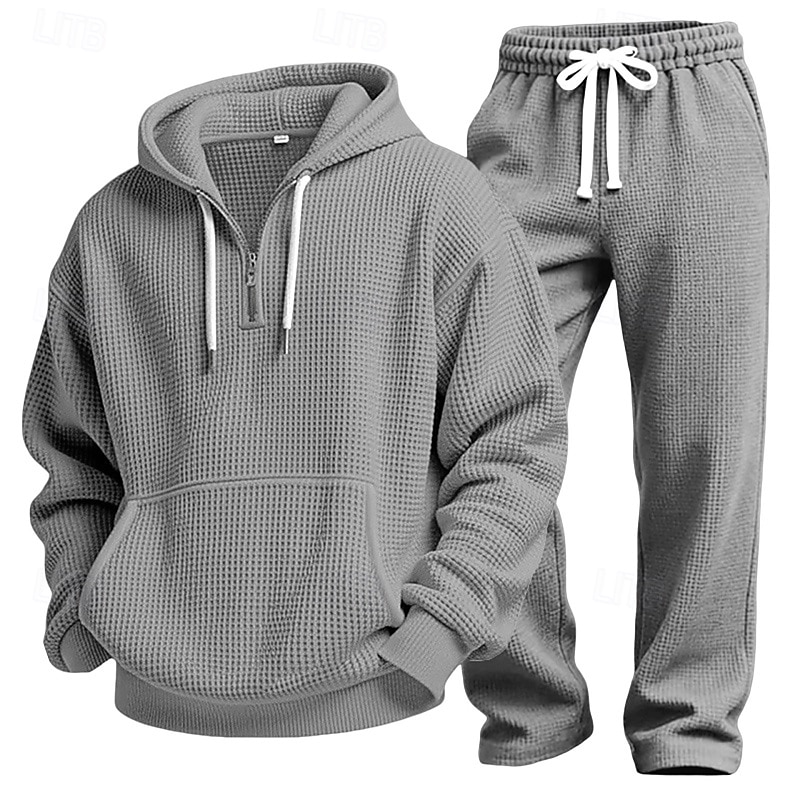 Homens Moletom Moletons Waffle Moletom com capuz e calças Conjunto Capuz Diário Ao ar livre Férias Roupa Diária Com Cordão Half Zip Tecido Vermelho Vinho Preto Branco Roupas Esportivas Esportes Moda de 2026 por $60.99 –P7