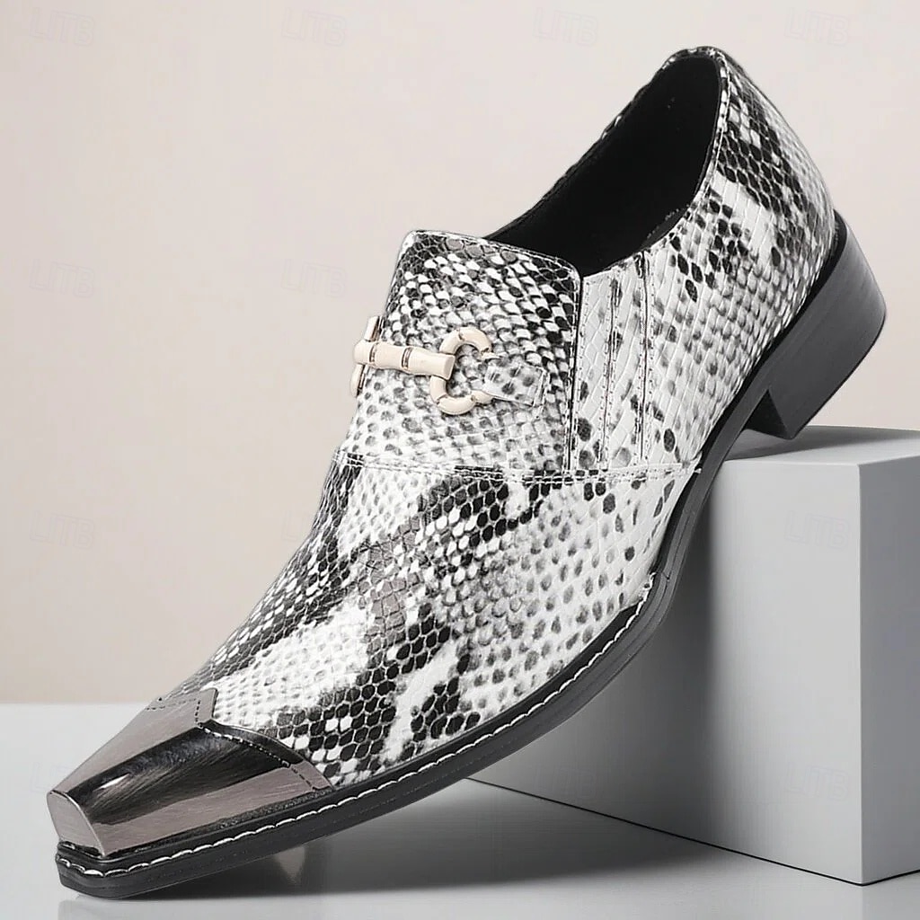 Men's White Snake Print Slip-On Shoes with Metal Accents – Stylish Formal Shoes for Evening Wear and Fashion-Forward Occasions 2026 - $119.99 –P1