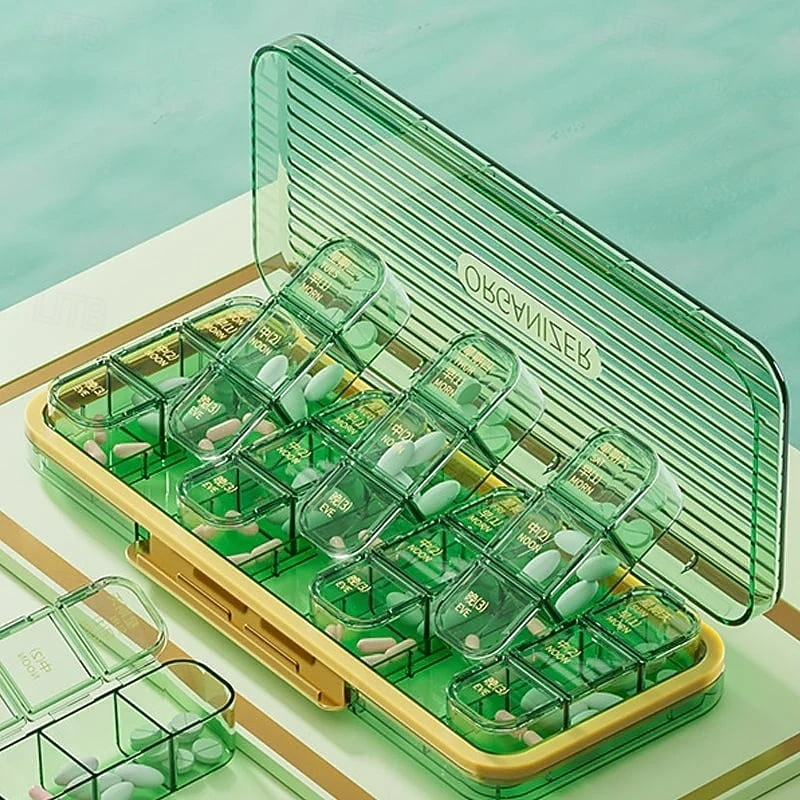 heti 7 napos gyógyszertároló doboz, hordozható gyógyszerrendező 14/21 rekesszel, nedvességálló utazó gyógyszertok mindennapi használatra, praktikus gyógyszertároló doboz 2026 - $21.99 –P8