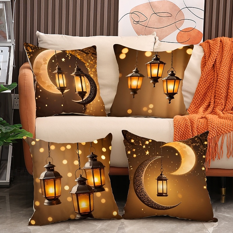 Ramadan Eid Throw Pillow Cover, Gold Print Lantern & Oil Lamp, Middle Eastern Festival Decor, Sofa Cushion for Living Room and Prayer Room, Seat Pillow 2026 - $13.99 –P1