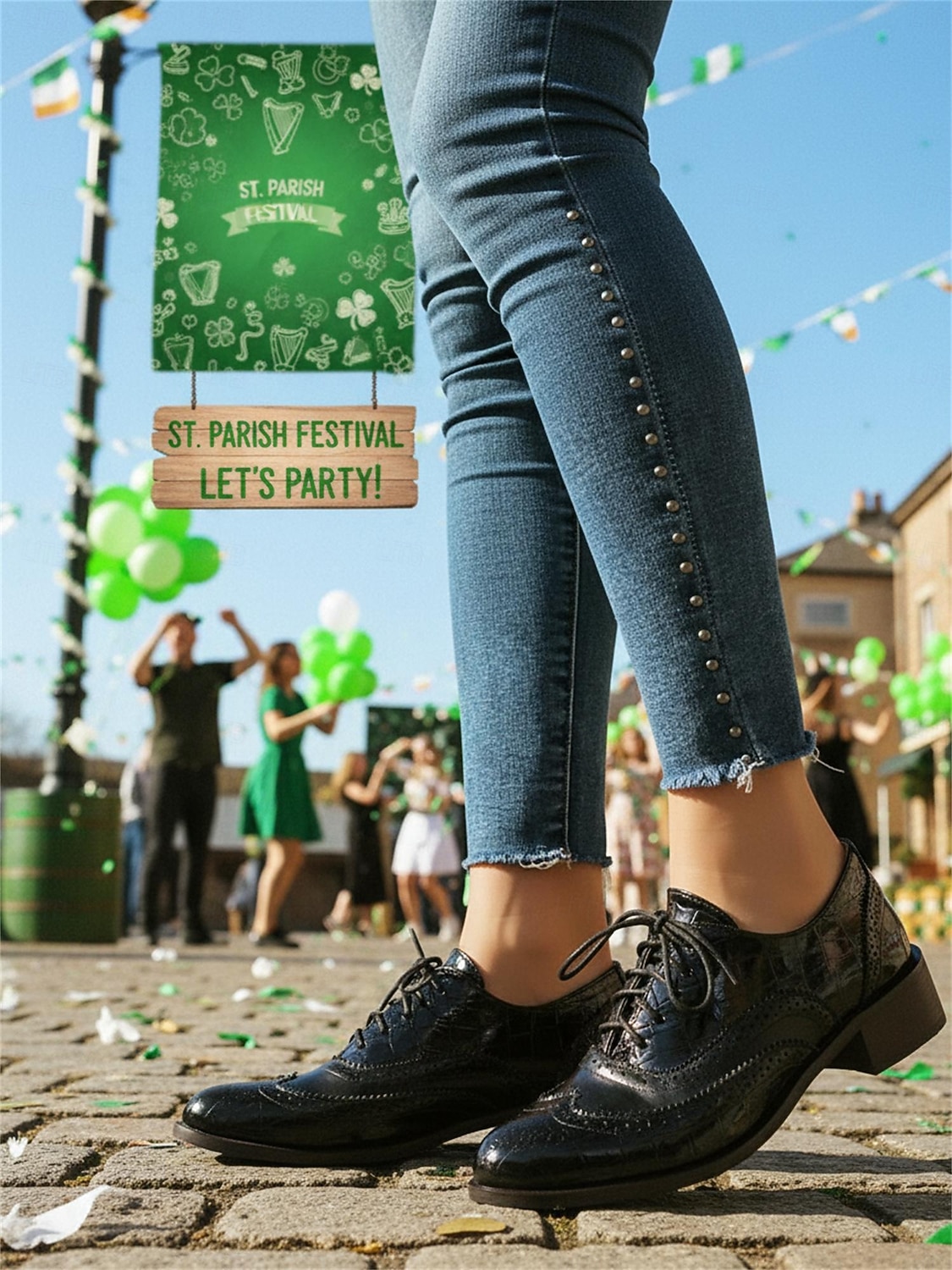 Dámské zelené oxfordské společenské boty s detailem brogue – pohodlné boty na nízkém podpatku se šněrováním na průvod ke Dni svatého Patrika, irské festivalové outfity, sváteční párty outfity 2026 - $59.99 –P6