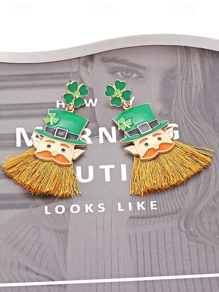 Dámské střapcové visací náušnice ke Dni svatého Patrika, design skřítkového klobouku a trojlístku, výrazné visací náušnice ze slitiny, zábavné sváteční irské párty šperky pro ženy 2026 - $11.99 –P4