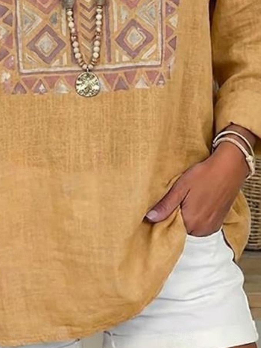 Mujer Camisa Sayo Estampado Graphic Geométrico Vintage Diario Elegante Manga Larga Escote en Pico Tops regulares Diario Festivos Amarillo Verano Primavera 2026 - $31.99 –P3