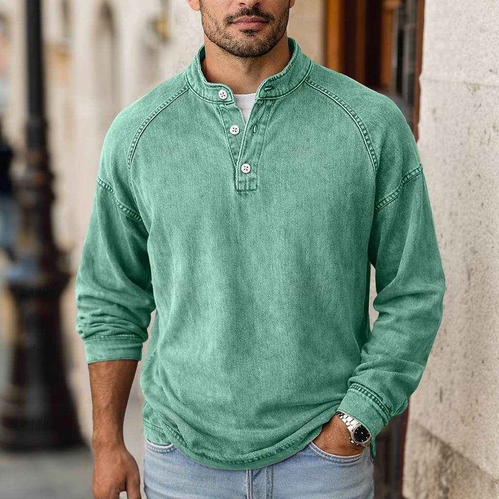 Camiseta SoftFade™ para hombres camiseta Henley 100% algodón camisa de lavado ácido camiseta camiseta de manga larga cuello de pie Henley primavera otoño simple vintage moda callejera casual teñida 2026 - $31.99 –P5