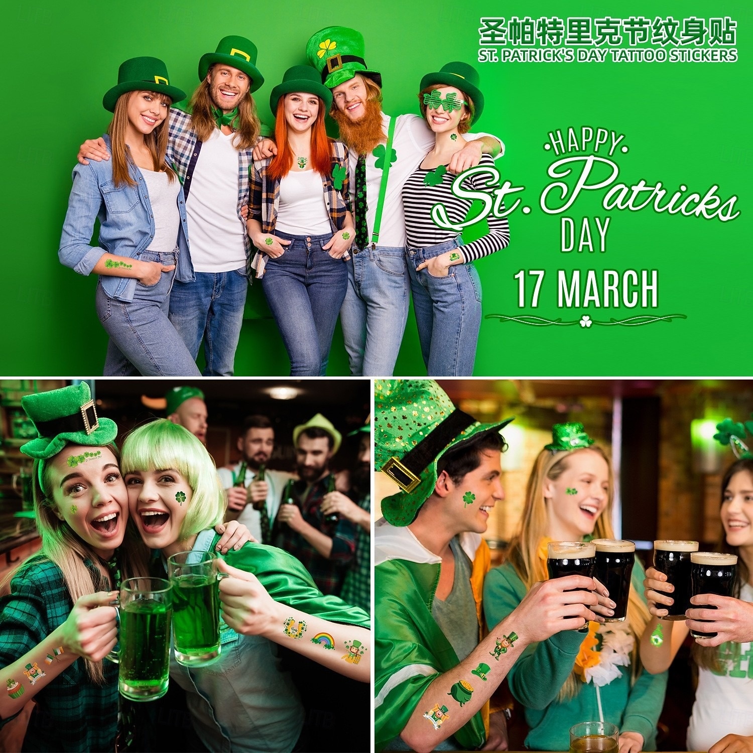 10 listů dočasných tetování na Den svatého Patrika, samolepky s irskými motivy na festivaly, svátky, oslavy 2026 - $11.99 –P4