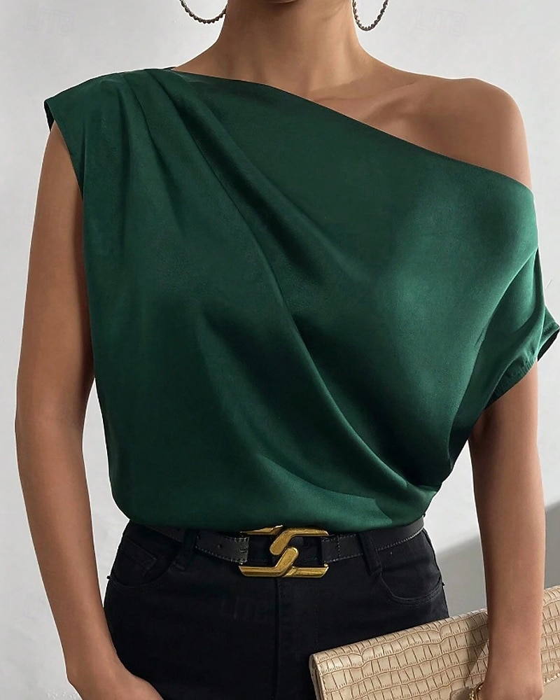 Per donna Camicia Elegant Top in raso Blusa Senza schiena Semplice Vintage Elegante Senza Maniche Asimmetrico Top Regolari Quotidiano Ferie Uscire Nero Verde chiaro Verde smeraldo Albicocca Estate del 2026 a $25.99 –P1