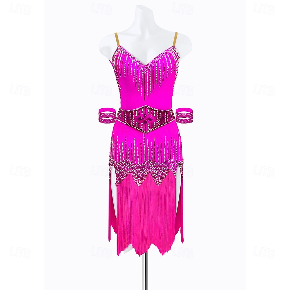 Женский комплект латиноамериканских танцев, ярко-розового цвета, с бахромой из стразов, лиф с пайетками, пояс с драгоценными камнями &манжеты, асимметричный бальный костюм 2026 - $255.89 –P1