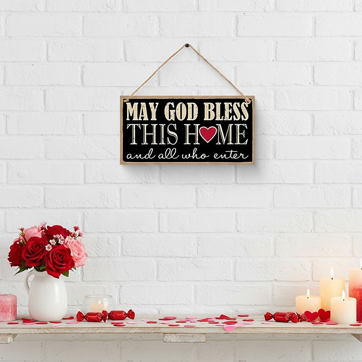 Valentine's Day Minimalist Rectangular Hanging Sign with Red Heart and English Text – Lightweight Wood Wall Decor with Black Background for Room, Home, Café, Restaurant, Weddings 2026 - $2.99 –P1